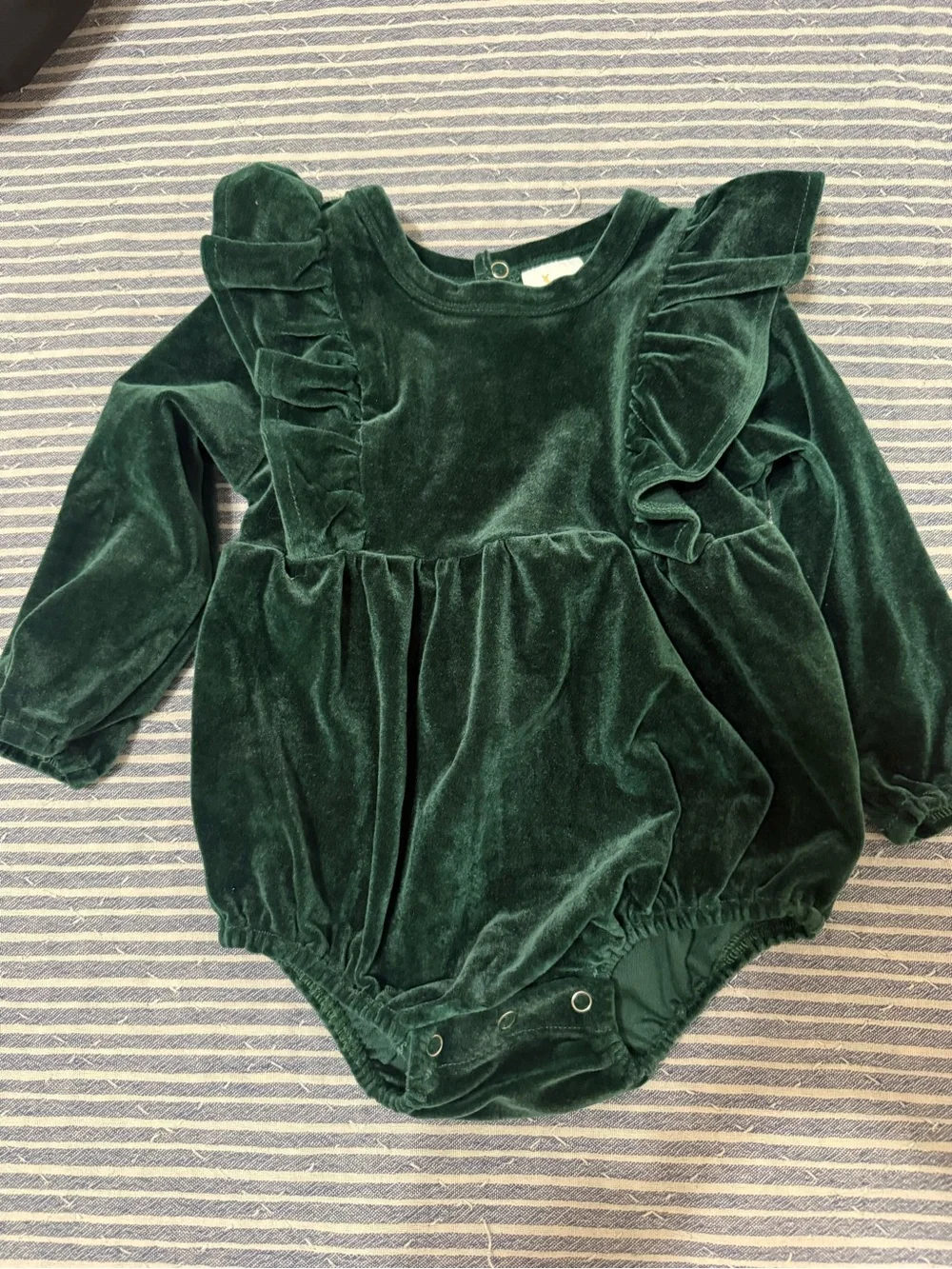 Velvet Fawn Ruffle Baby Romper in Deep Green